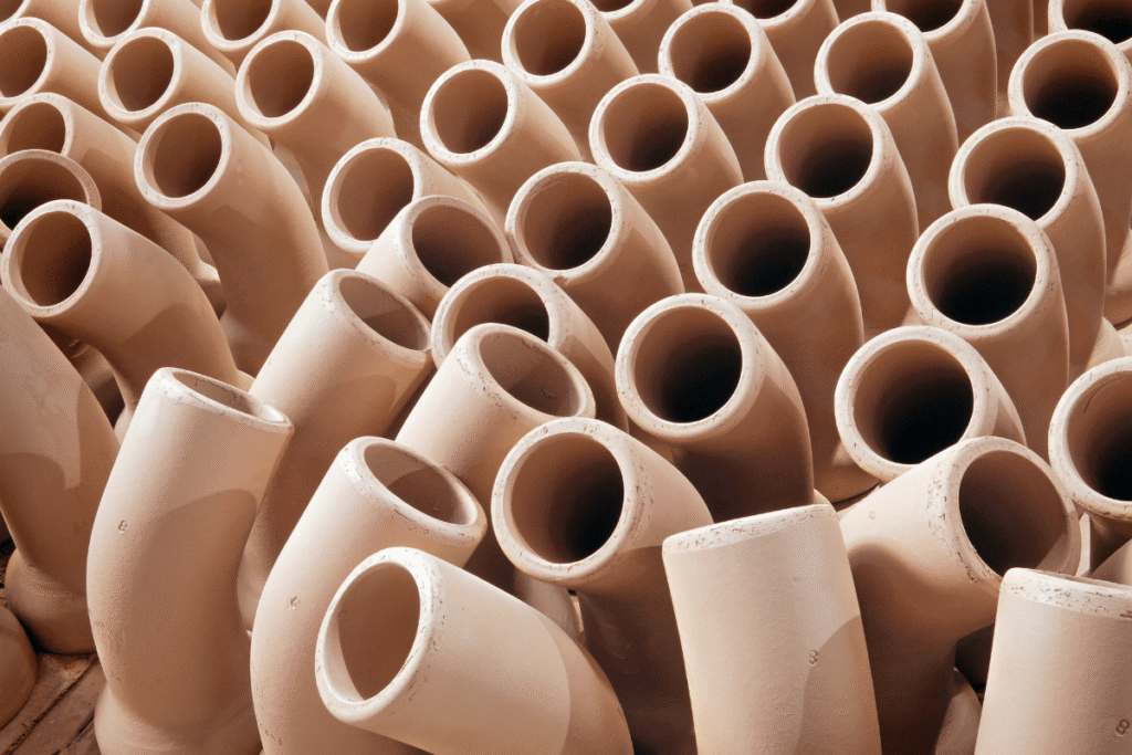 Rhino Rooter ceramic pipes organized together, showing how pipes connect in plumbing systems.