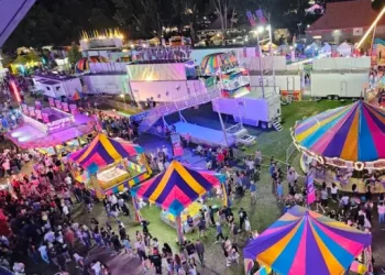 A busy fair at night where Rhino Rooter team members work to keep things running smoothly while people enjoy the fun.