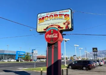 A Rhino Rooter sign by the road lets people know about drain cleaning services. The area is busy with restaurants, car dealerships, and passing cars.